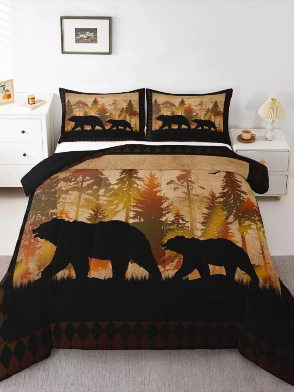 Queen Size Bear Comforter Set, Boys Cabin Lodge Decor Bedding Set Rustic Farmhou